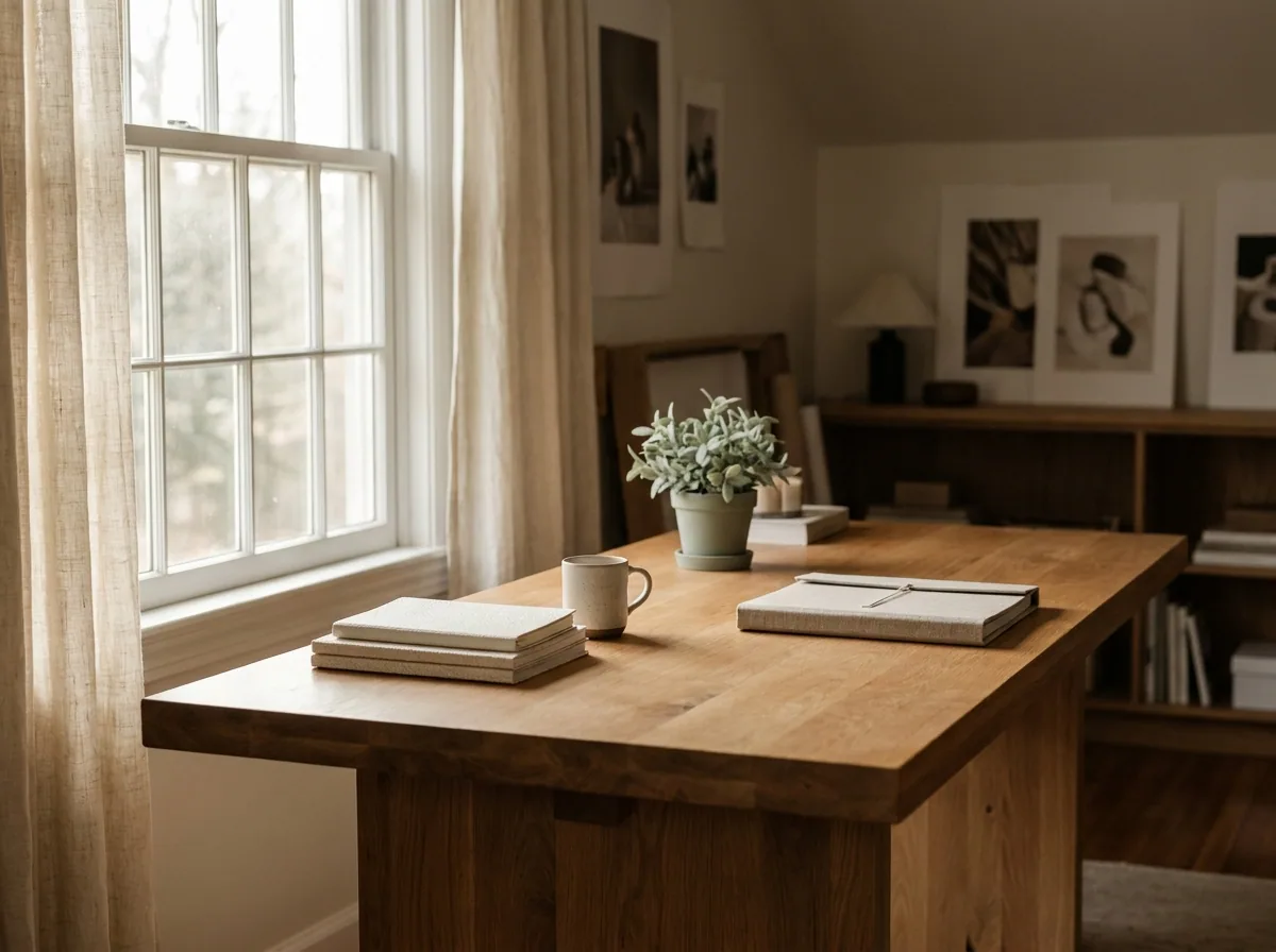 A calm workspace scene: a wooden desk by a window with notebooks, a mug, and a potted plant