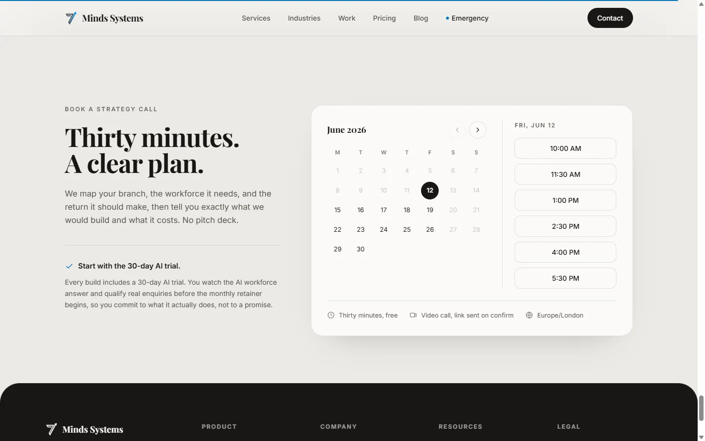 The on-page booking calendar on the 7 Minds Systems site, as shipped, showing a month view beside a column of appointment times.