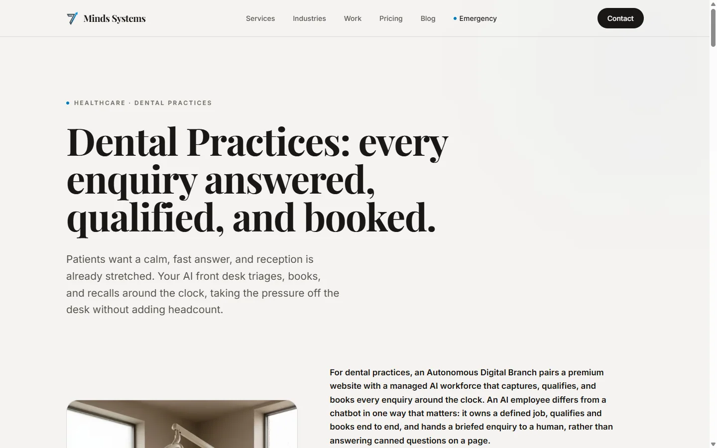 The dental practices page on the 7 Minds Systems site, as shipped, headed: Dental Practices: every enquiry answered, qualified, and booked.